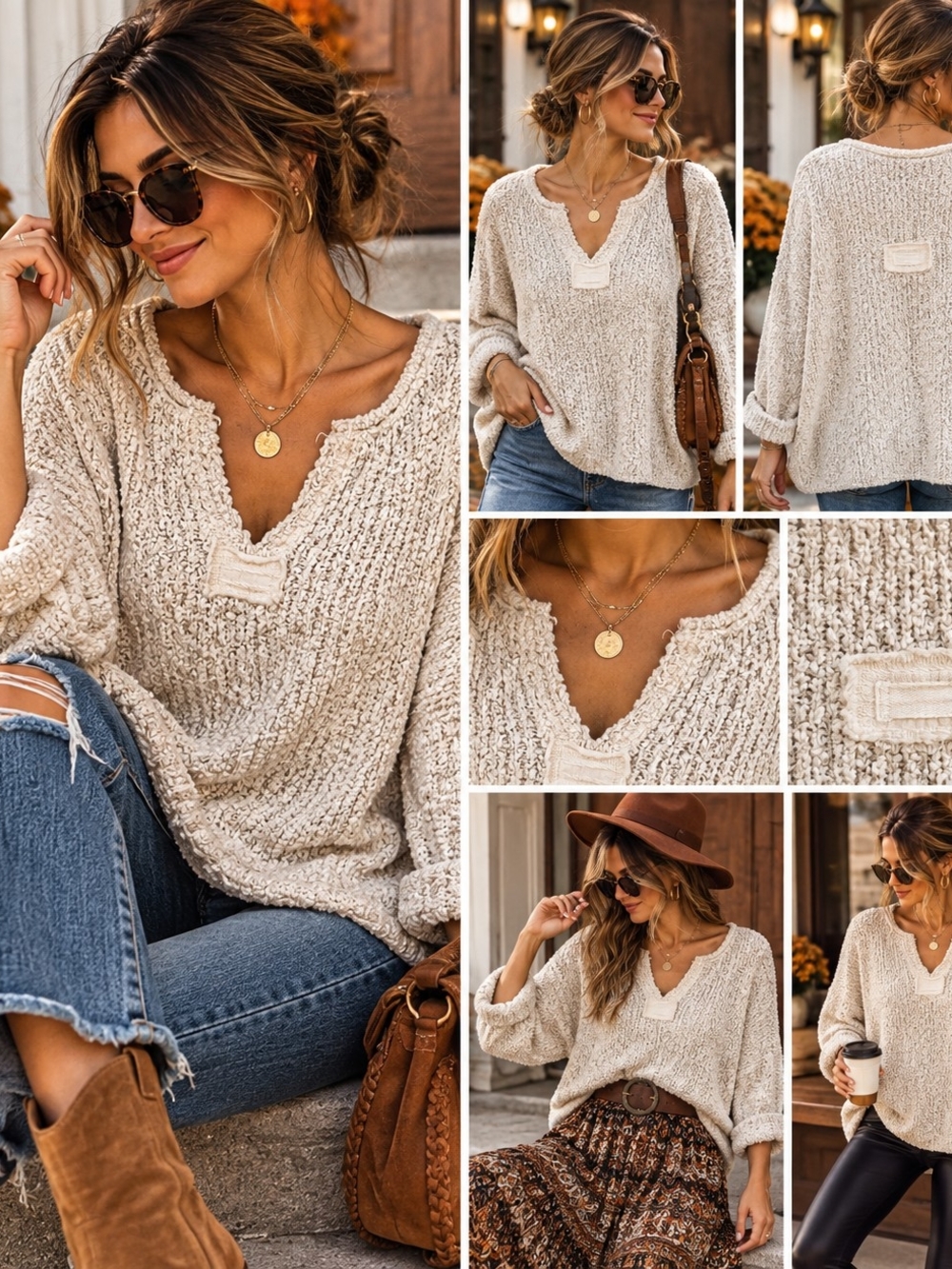 Zenana Outfitters Cream V-Neck Chunky Knit Pullover